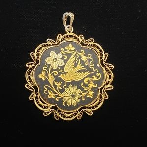 Vintage Damascene gold-tone filigree pendant